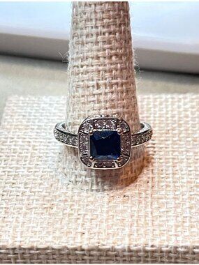 Vintage Y2K R.S. Covenant Princess Cut Faux Blue Sapphire Ring Halo Size 7.25